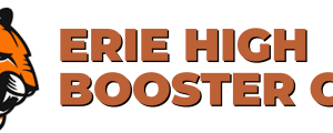 Logo for Erie High Booster Club featuring a stylized orange and black tiger head on the left, with bold orange text reading “Erie High Booster Club” to the right—proudly supporting Giveback Benefiting Vets for Youth.