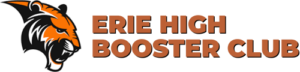 Logo for Erie High Booster Club featuring a stylized orange and black tiger head on the left, with bold orange text reading “Erie High Booster Club” to the right—proudly supporting Giveback Benefiting Vets for Youth.