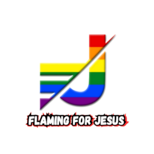 A stylized letter J with rainbow stripes is diagonally slashed, above the words FLAMING FOR JESUS in bold white letters outlined by red flame effects. This Giveback design is benefiting Vets for Youth. The background is white.