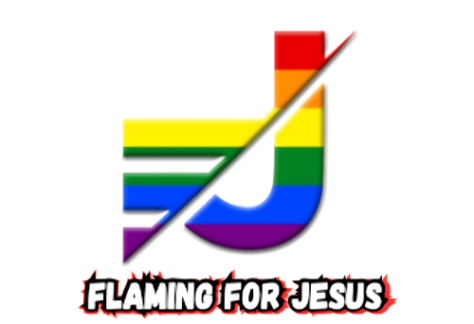 A stylized letter J with rainbow stripes is diagonally slashed, above the words FLAMING FOR JESUS in bold white letters outlined by red flame effects. This Giveback design is benefiting Vets for Youth. The background is white.