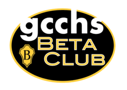 Logo for GCCHS Beta Club with white gcchs text above yellow Beta Club text on a black oval background, alongside a yellow shield with a B inside, representing Giveback Benefiting Vets and initiatives for youth.
