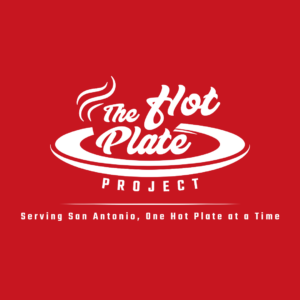 White logo on a red background reads “The Hot Plate Project” with a steaming plate graphic and the tagline “Serving San Antonio, One Hot Plate at a Time—Giveback Benefiting Vets and Youth” underneath.