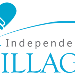 Logo for Independence Village featuring a stylized blue heart made of two hands, a gray word Independence, and large blue VILLAGE with a swoosh and dot above it, Benefiting Vets and designed to inspire Giveback for Youth in the community.