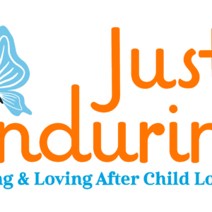 Logo with orange cursive text Just Enduring, featuring a blue butterfly on the E and blue subtext: Living & Loving After Child Loss—benefiting Vets for Youth as part of our giveback initiative.