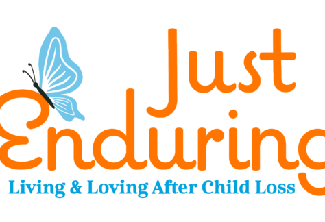 Logo with orange cursive text Just Enduring, featuring a blue butterfly on the E and blue subtext: Living & Loving After Child Loss—benefiting Vets for Youth as part of our giveback initiative.