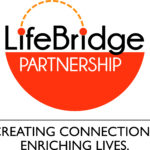 Logo for LifeBridge Partnership featuring a large red semicircle, LifeBridge in black text with two orange dots connected by a dashed arc, PARTNERSHIP in white on red, and the slogan: CREATING CONNECTIONS, ENRICHING LIVES—benefiting vets for youth.