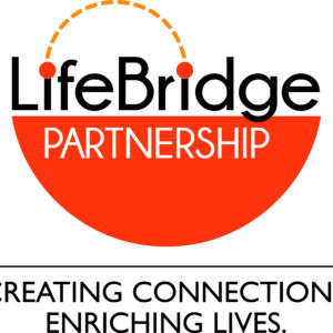 Logo for LifeBridge Partnership featuring a large red semicircle, LifeBridge in black text with two orange dots connected by a dashed arc, PARTNERSHIP in white on red, and the slogan: CREATING CONNECTIONS, ENRICHING LIVES—benefiting vets for youth.
