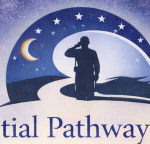 Logo for Celestial Pathways Inc featuring a silhouette of a person saluting on a winding path under a night sky with stars and a crescent moon, symbolizing a journey benefiting vets for youth.