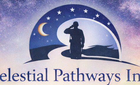 Logo for Celestial Pathways Inc featuring a silhouette of a person saluting on a winding path under a night sky with stars and a crescent moon, symbolizing a journey benefiting vets for youth.