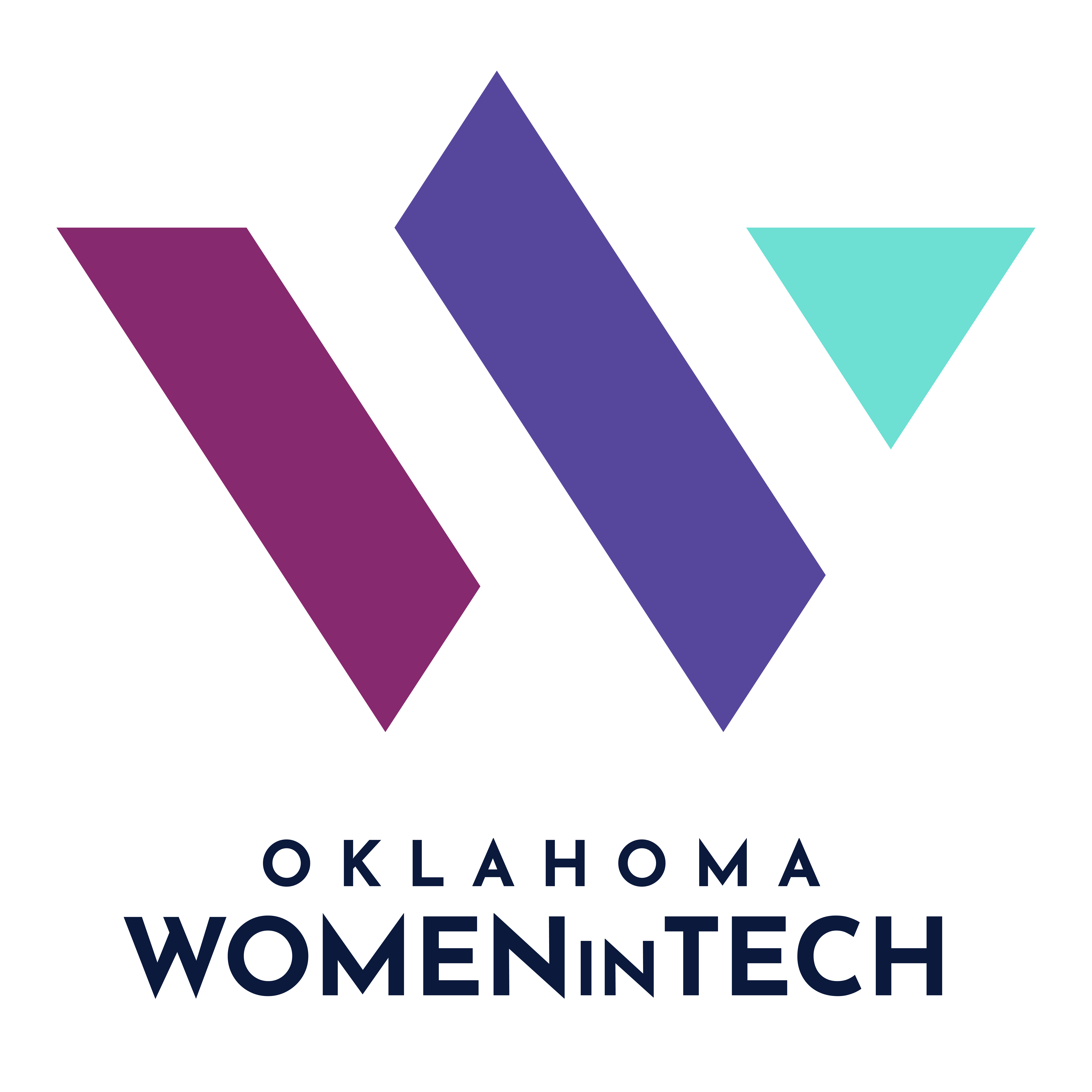 Logo for Oklahoma Women in Tech featuring geometric shapes forming a stylized W in purple, maroon, and teal, with OKLAHOMA WOMEN IN TECH below in bold text—highlighting a Giveback Benefiting Vets for Youth initiative.