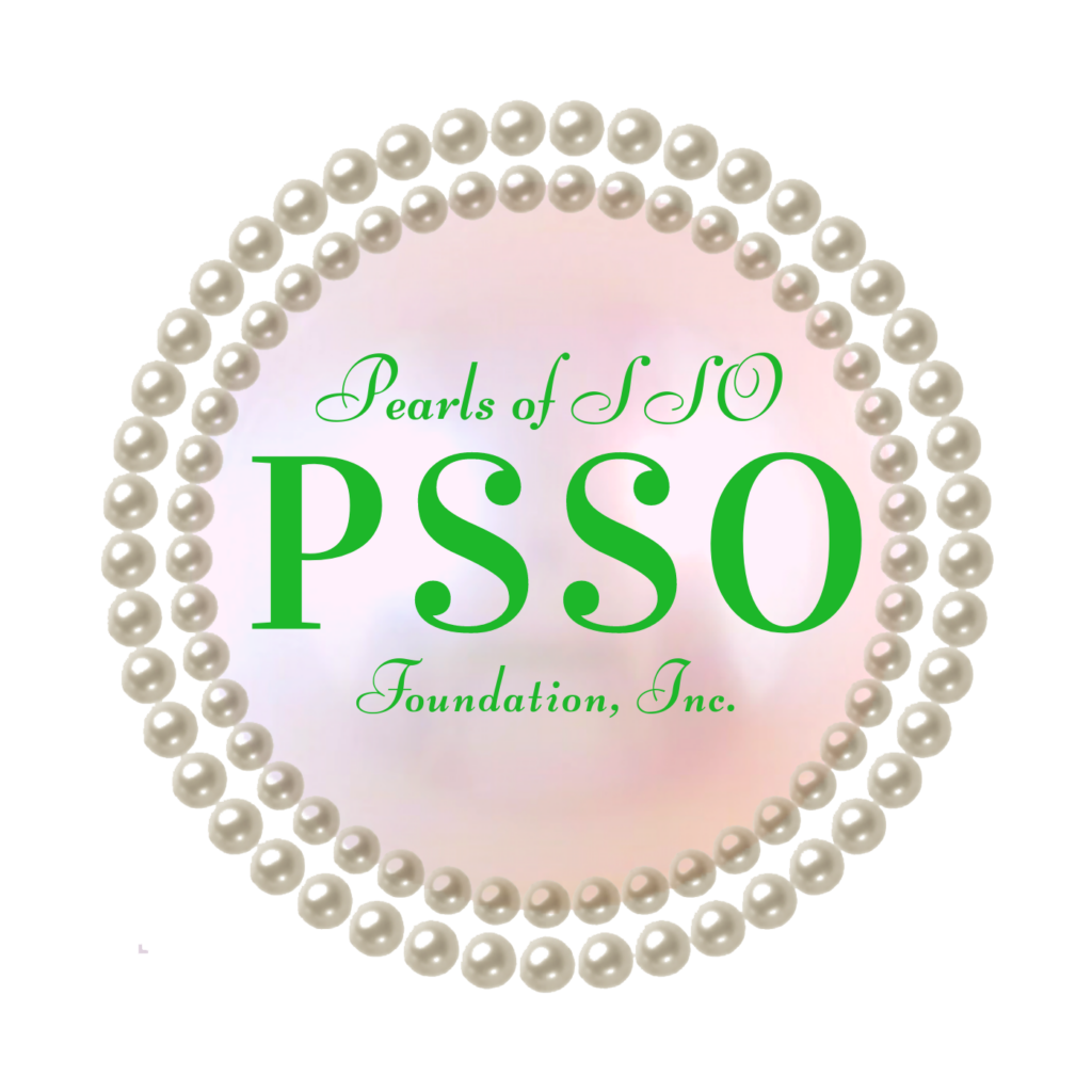 A circular logo with two rows of pearls surrounds text that reads, “Pearls of SSO PSSO Foundation, Inc.” in green on a pink, pearl-like background, reflecting a giveback spirit benefiting vets and youth.