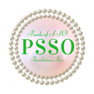 A circular logo with two rows of pearls surrounds text that reads, “Pearls of SSO PSSO Foundation, Inc.” in green on a pink, pearl-like background, reflecting a giveback spirit benefiting vets and youth.