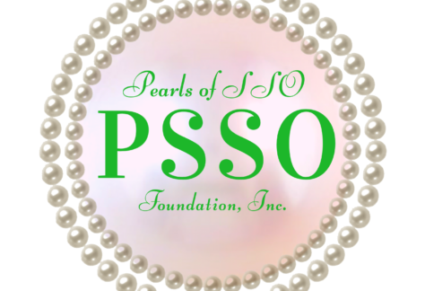 A circular logo with two rows of pearls surrounds text that reads, “Pearls of SSO PSSO Foundation, Inc.” in green on a pink, pearl-like background, reflecting a giveback spirit benefiting vets and youth.