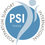 Logo of Postpartum Support International Texas, featuring stylized human figures in blue and gray inside a blue circle with “POSTPARTUM SUPPORT INTERNATIONAL” written around the edge, proudly supporting Giveback Benefiting Vets for Youth.