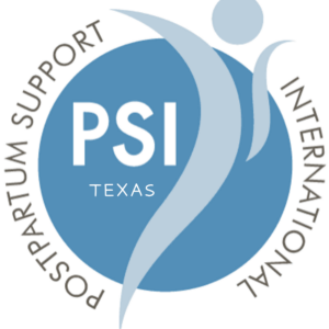 Logo of Postpartum Support International Texas, featuring stylized human figures in blue and gray inside a blue circle with “POSTPARTUM SUPPORT INTERNATIONAL” written around the edge, proudly supporting Giveback Benefiting Vets for Youth.
