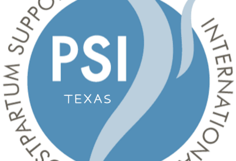 Logo of Postpartum Support International Texas, featuring stylized human figures in blue and gray inside a blue circle with “POSTPARTUM SUPPORT INTERNATIONAL” written around the edge, proudly supporting Giveback Benefiting Vets for Youth.