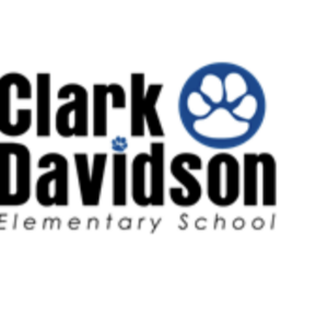Logo for Clark Davidson Elementary School featuring the school name in bold black text and a blue paw print graphic to the right of "Clark" and as a dot over the "i" in "Davidson," supporting a Giveback Benefiting Vets for Youth initiative.
