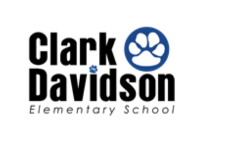 Logo for Clark Davidson Elementary School featuring the school name in bold black text and a blue paw print graphic to the right of "Clark" and as a dot over the "i" in "Davidson," supporting a Giveback Benefiting Vets for Youth initiative.