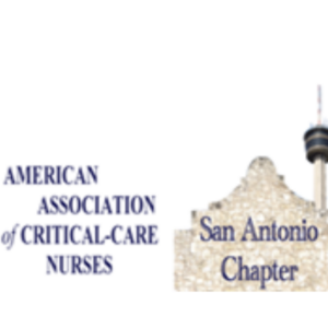 Logo for the American Association of Critical-Care Nurses San Antonio Chapter, featuring text and a silhouette of the Alamo with the San Antonio Tower in the background, highlighting a Giveback Benefiting Vets for Youth.
