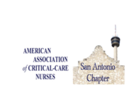 Logo for the American Association of Critical-Care Nurses San Antonio Chapter, featuring text and a silhouette of the Alamo with the San Antonio Tower in the background, highlighting a Giveback Benefiting Vets for Youth.