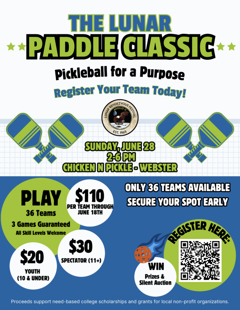 Flyer for the Lunar Paddle Classic Charity Pickleball Tournament on Sunday, June 28, 2–6 PM at Chicken N Pickle in Webster. Register teams, win prizes, enjoy a silent auction, and play for a cause! QR code included for registration.
