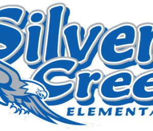 Logo for Silver Creek Elementary in bold blue and white letters, featuring a stylized blue and white hawk or eagle with outstretched wings on the left side. Design highlights a Giveback Benefiting Vets for Youth initiative.