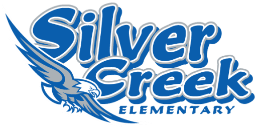 Logo for Silver Creek Elementary in bold blue and white letters, featuring a stylized blue and white hawk or eagle with outstretched wings on the left side. Design highlights a Giveback Benefiting Vets for Youth initiative.