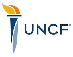 The UNCF logo features a stylized torch with an orange flame and blue base, next to blue letters UNCF on a white background, symbolizing its dedication to giveback benefiting youth.