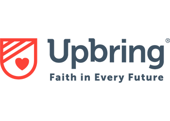 Upbring logo with a red shield featuring a heart on the left, and the words Upbring Faith in Every Future in gray text on the right, highlighting their Giveback Benefiting Vets for Youth initiative.
