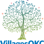 A stylized tree with swirling branches, green leaves, and colorful birds around it symbolizes Giveback Benefiting Vets for Youth. Below the tree, the text “VillagesOKC” appears in bold blue letters.