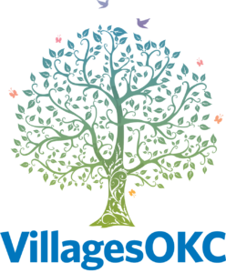 A stylized tree with swirling branches, green leaves, and colorful birds around it symbolizes Giveback Benefiting Vets for Youth. Below the tree, the text “VillagesOKC” appears in bold blue letters.