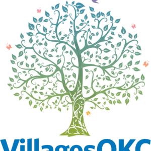 A stylized tree with swirling branches, green leaves, and colorful birds around it symbolizes Giveback Benefiting Vets for Youth. Below the tree, the text “VillagesOKC” appears in bold blue letters.