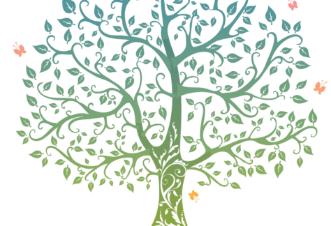 A stylized tree with swirling branches, green leaves, and colorful birds around it symbolizes Giveback Benefiting Vets for Youth. Below the tree, the text “VillagesOKC” appears in bold blue letters.