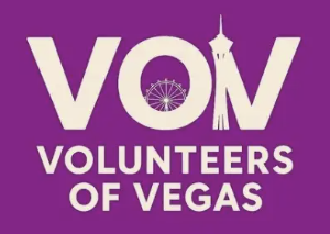 Logo with the letters VOV, for Volunteers of Vegas, on a purple background. The O shows a Ferris wheel and the V outlines the Stratosphere Tower, highlighting giveback efforts benefiting vets and youth in our community.