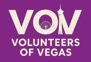 Logo with the letters VOV, for Volunteers of Vegas, on a purple background. The O shows a Ferris wheel and the V outlines the Stratosphere Tower, highlighting giveback efforts benefiting vets and youth in our community.
