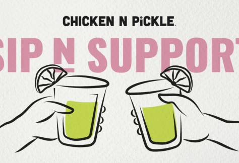 Illustration of two hands holding lime garnished drinks, toasting under bold text: CHICKEN N PICKLE. SIP N SUPPORT. Text and drinks appear on a white, textured background.