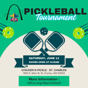 Colorful flyer for a Pickleball Tournament and Mahjong Beginner Event hosted by FCA at Chicken N Pickle in St. Charles on Saturday, June 13. Doors open at 9:45am. Includes paddles, balls, and event details.