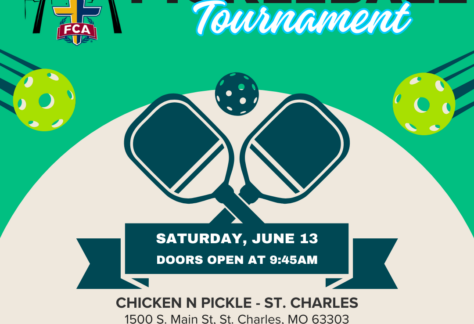 Colorful flyer for a Pickleball Tournament and Mahjong Beginner Event hosted by FCA at Chicken N Pickle in St. Charles on Saturday, June 13. Doors open at 9:45am. Includes paddles, balls, and event details.