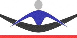 Abstract logo featuring a gray circle above a blue curved shape, with two black wing-like curves beneath and a thick horizontal red line—created for the 10% Giveback to Christian Motorcycle Association at Chicken N Pickle Webster.