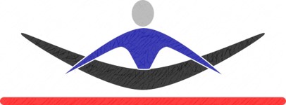 Abstract logo featuring a gray circle above a blue curved shape, with two black wing-like curves beneath and a thick horizontal red line—created for the 10% Giveback to Christian Motorcycle Association at Chicken N Pickle Webster.