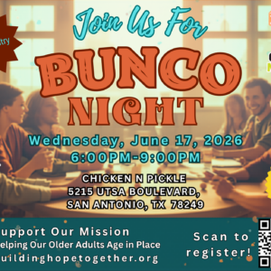 Colorful event flyer for Bunco Night on June 17, 2026, from 6–9 PM at Chicken N Pickle, San Antonio. Highlights Doggy Days at CNP San Antonio, with people smiling around a table, event info, entry cost, and a QR code for registration.