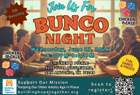 Colorful event flyer for Bunco Night on June 17, 2026, from 6–9 PM at Chicken N Pickle, San Antonio. Highlights Doggy Days at CNP San Antonio, with people smiling around a table, event info, entry cost, and a QR code for registration.