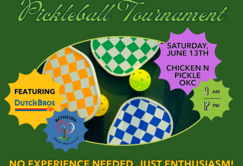 Colorful flyer for the “Servin’ Up Safety Pickleball Tournament” on June 13th, featuring illustrated pickleball paddles and balls, Doggy Days at CNP Oklahoma City details, sponsor logos, and a green button to register by June 1st.