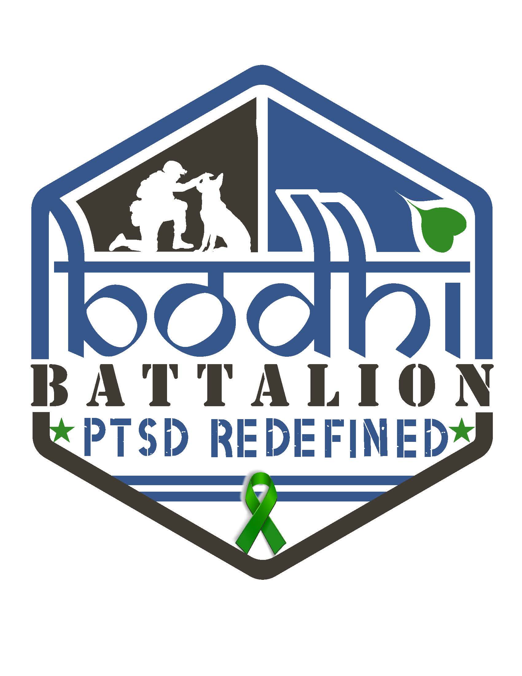 A hexagonal logo with a soldier kneeling beside a dog, the text bodhi BATTALION PTSD REDEFINED, a green awareness ribbon, and heart. Designed in blue, black, and green—benefiting vets for youth as part of our giveback mission.