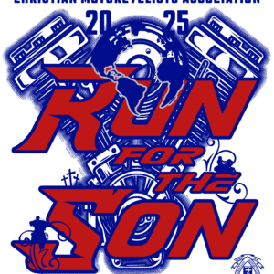 Logo for the Christian Motorcyclists Association’s 2025 “Run for the Son” event, featuring motorcycle engine parts, a world map, and Christian symbols in blue, red, black, and white—Giveback benefiting vets and youth.
