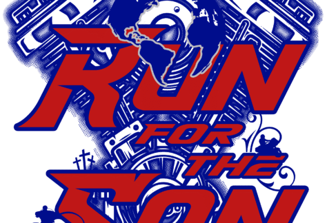 Logo for the Christian Motorcyclists Association’s 2025 “Run for the Son” event, featuring motorcycle engine parts, a world map, and Christian symbols in blue, red, black, and white—Giveback benefiting vets and youth.