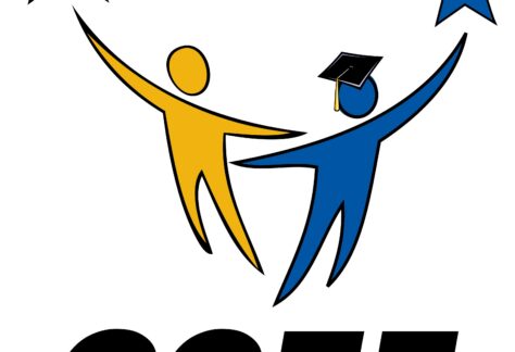 Two stylized figures, one yellow and one blue wearing a graduation cap, raise their arms under two stars. Bold text reads CCEF with Clear Creek Education Foundation underneath. Celebrating a 10% Giveback to Above the Bar Gymnastics at Chicken N Pickle Webster.