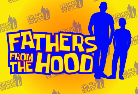 Yellow background with silhouettes of a man and child in blue. Large text reads “Fathers from the Hood” in bold yellow and blue, celebrating Del Sol Academy Giveback Night, with smaller logos and silhouettes repeated in the background.