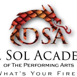 Logo for Del Sol Academy of the Performing Arts featuring a stylized red and orange dragon wrapped around the letters DSA, with the tagline "What's Your Fire?" below in bold text, proudly supporting Giveback Benefiting Vets for Youth.