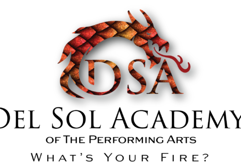 Logo for Del Sol Academy of the Performing Arts featuring a stylized red and orange dragon wrapped around the letters DSA, with the tagline "What's Your Fire?" below in bold text, proudly supporting Giveback Benefiting Vets for Youth.